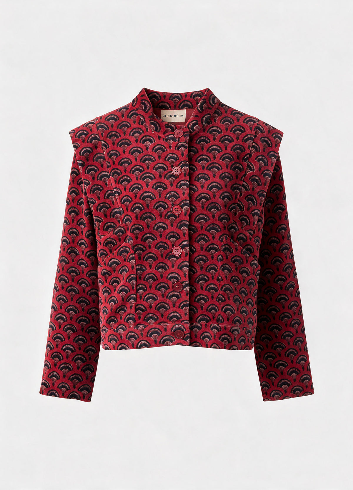 Chaqueta Brixton de terciopelo rojo con estampado de abanicos, foto de producto | Cherubina