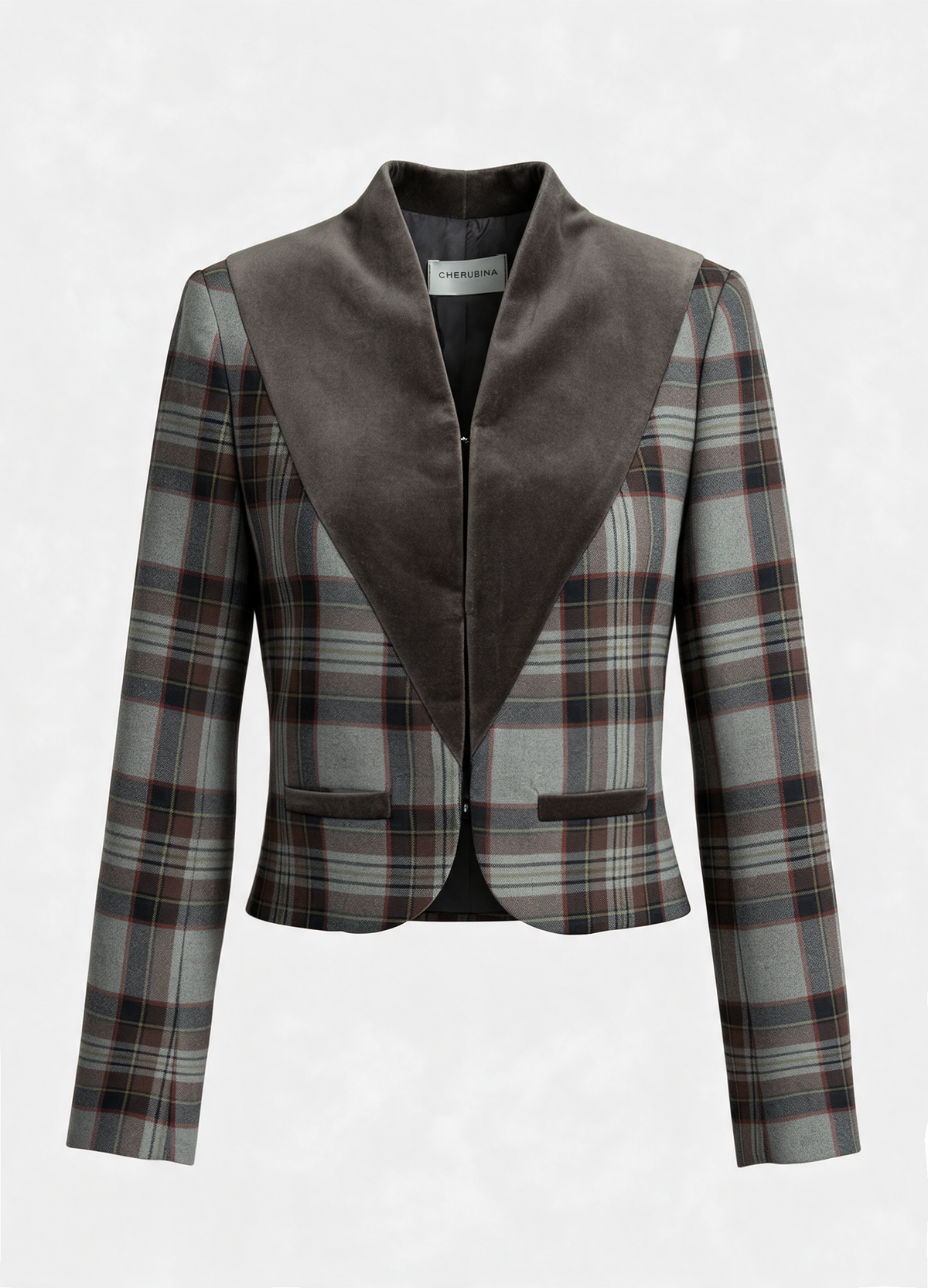 Chaqueta Lilibet topo de cuadros en plano, con cuello de terciopelo y bolsillos de vivo