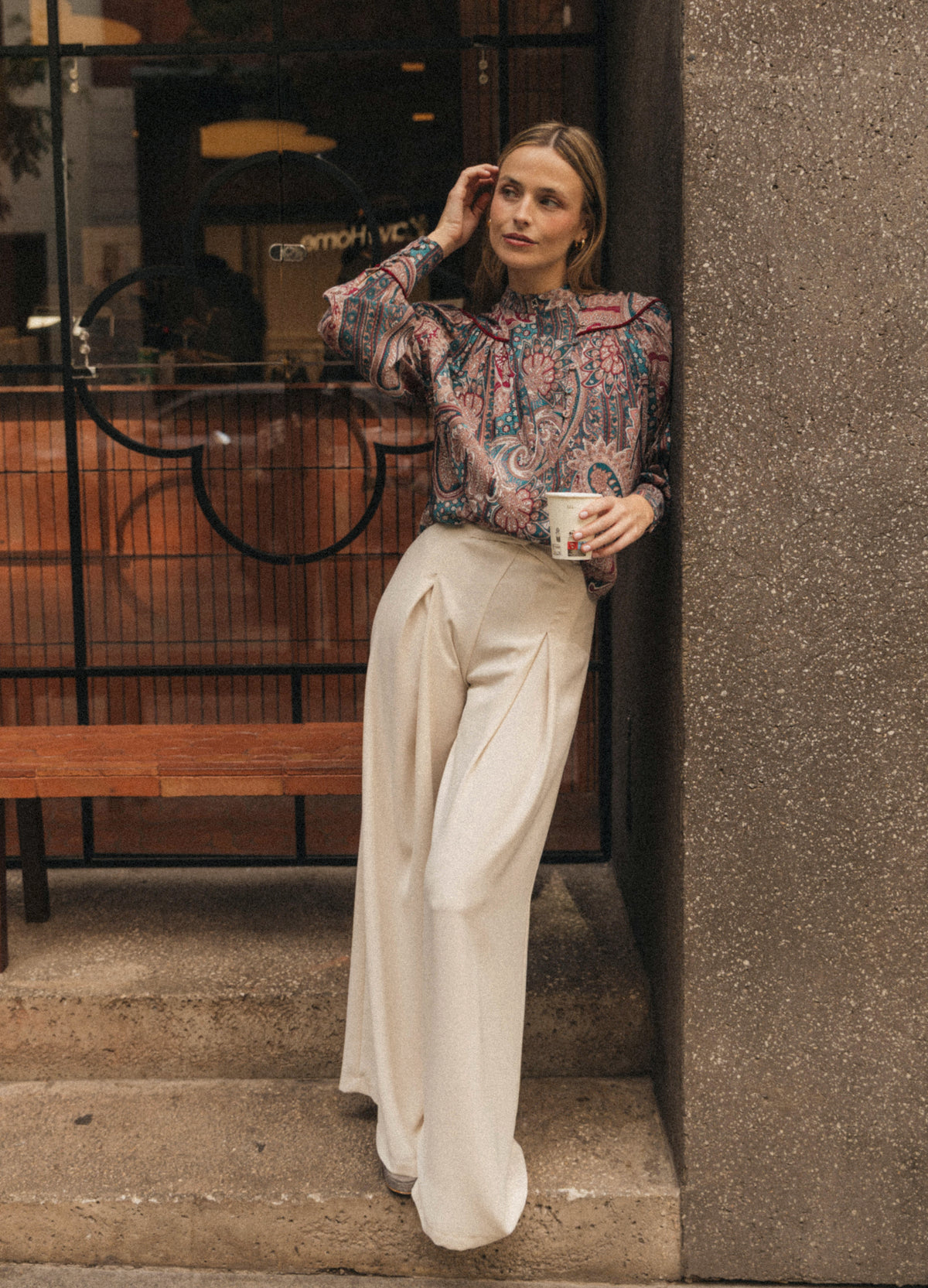 Norfolk paisley shirt with wide-leg trousers, full front view | Cherubina