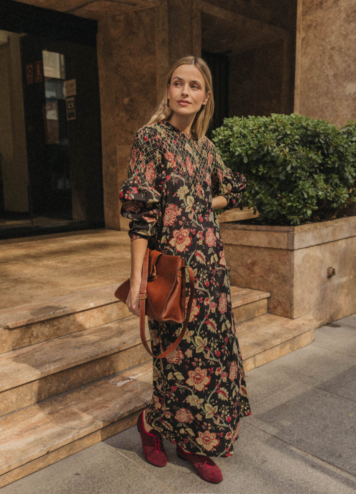 Theodora dress, full three-quarter look with brown bag | Cherubina