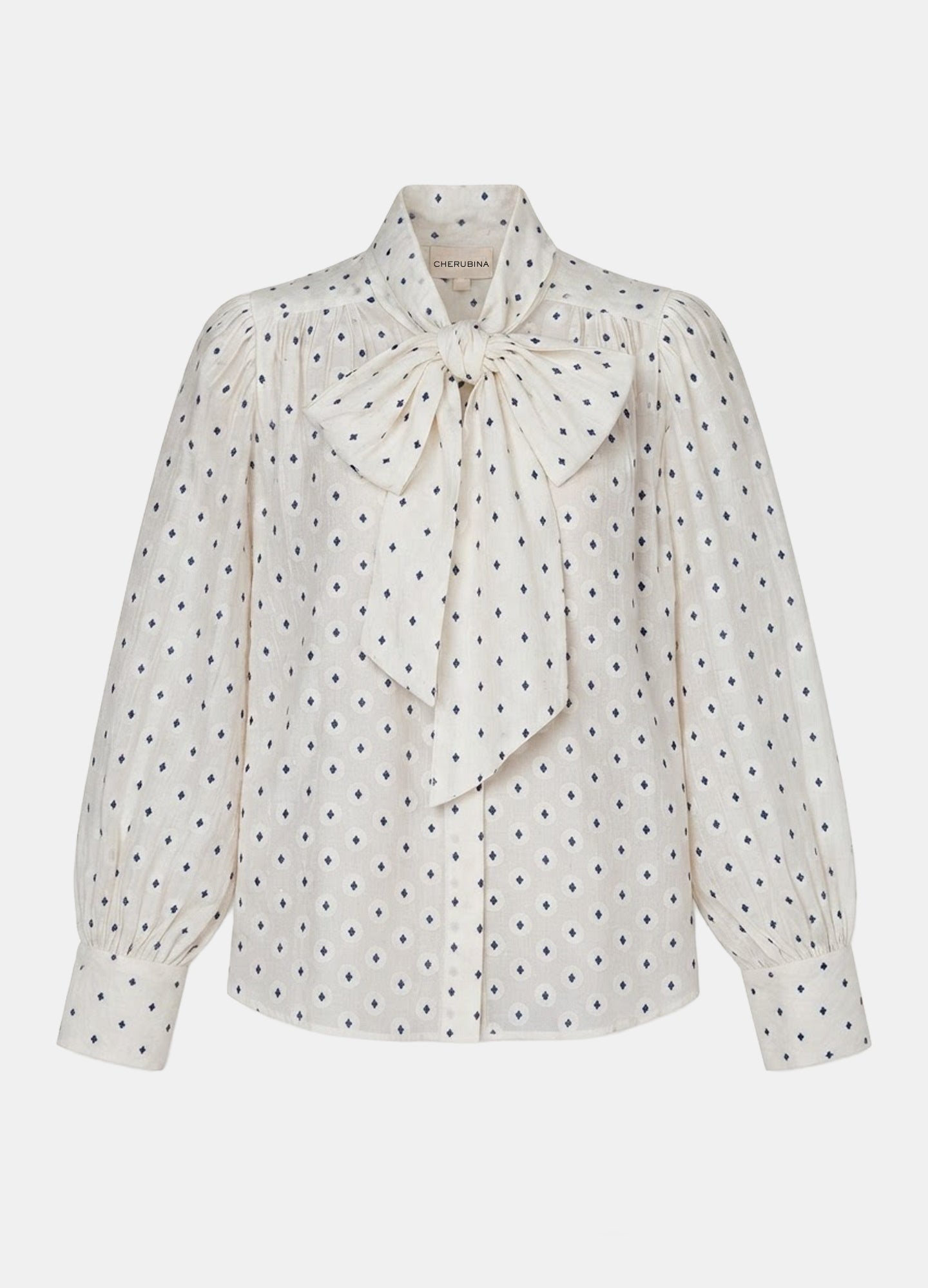 Blusa Alba en jacquard lunar azul marino sobre fondo blanco | Cherubina
