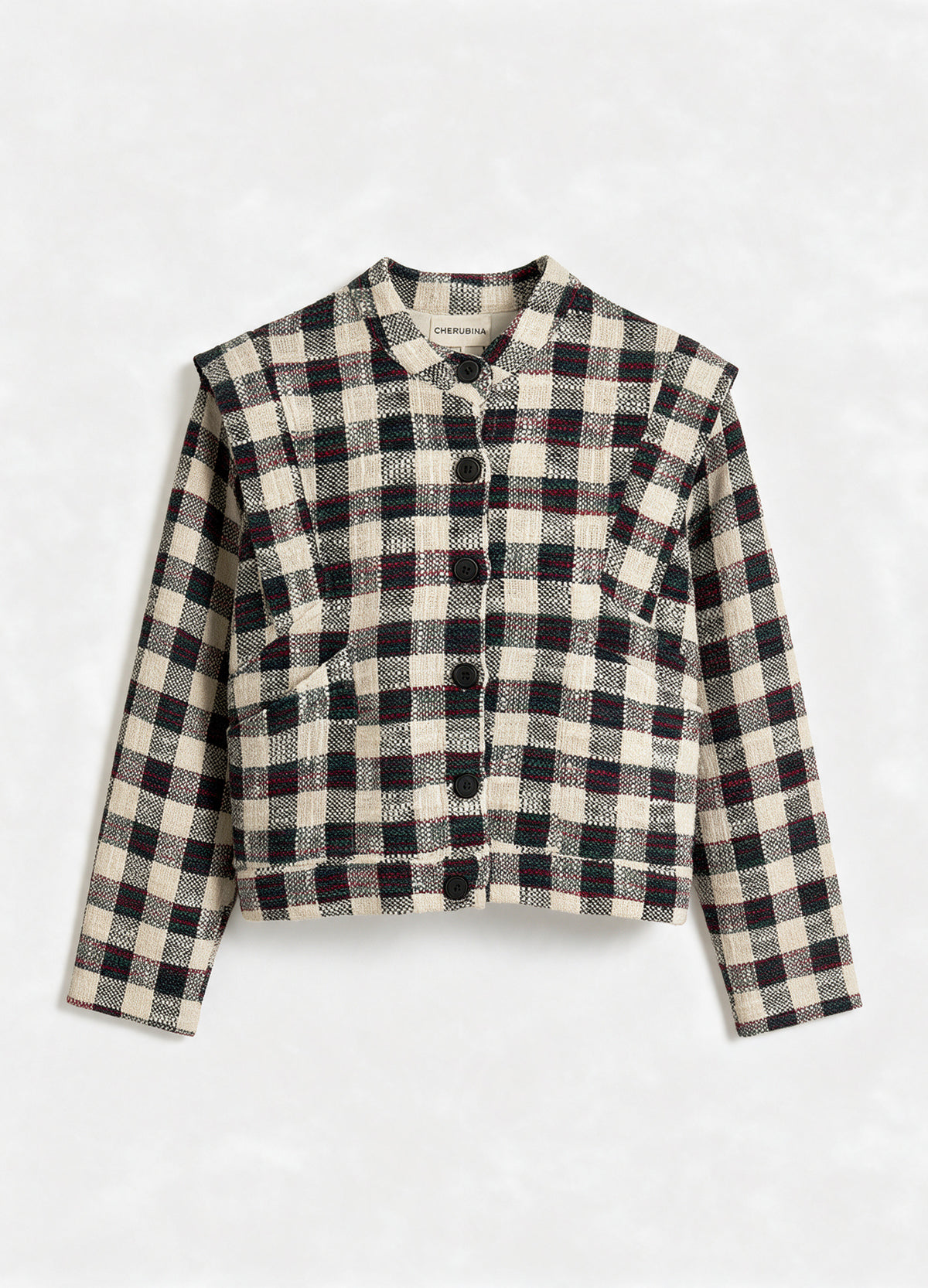 Veste Balmoral à carreaux écru, vert foncé et bordeaux, photo produit | Cherubina