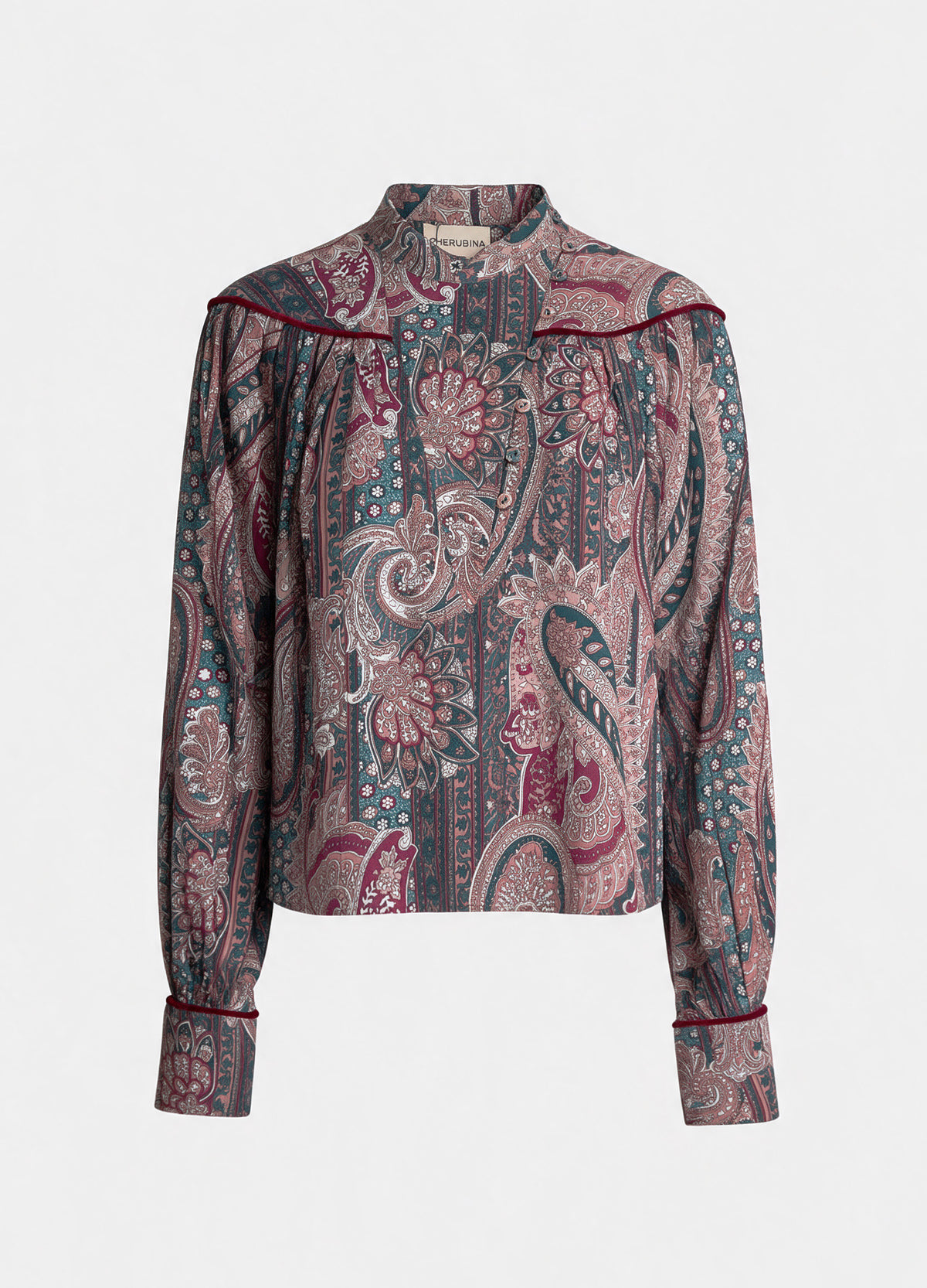 Norfolk shirt in paisley print with velvet trim, product photo | Cherubina