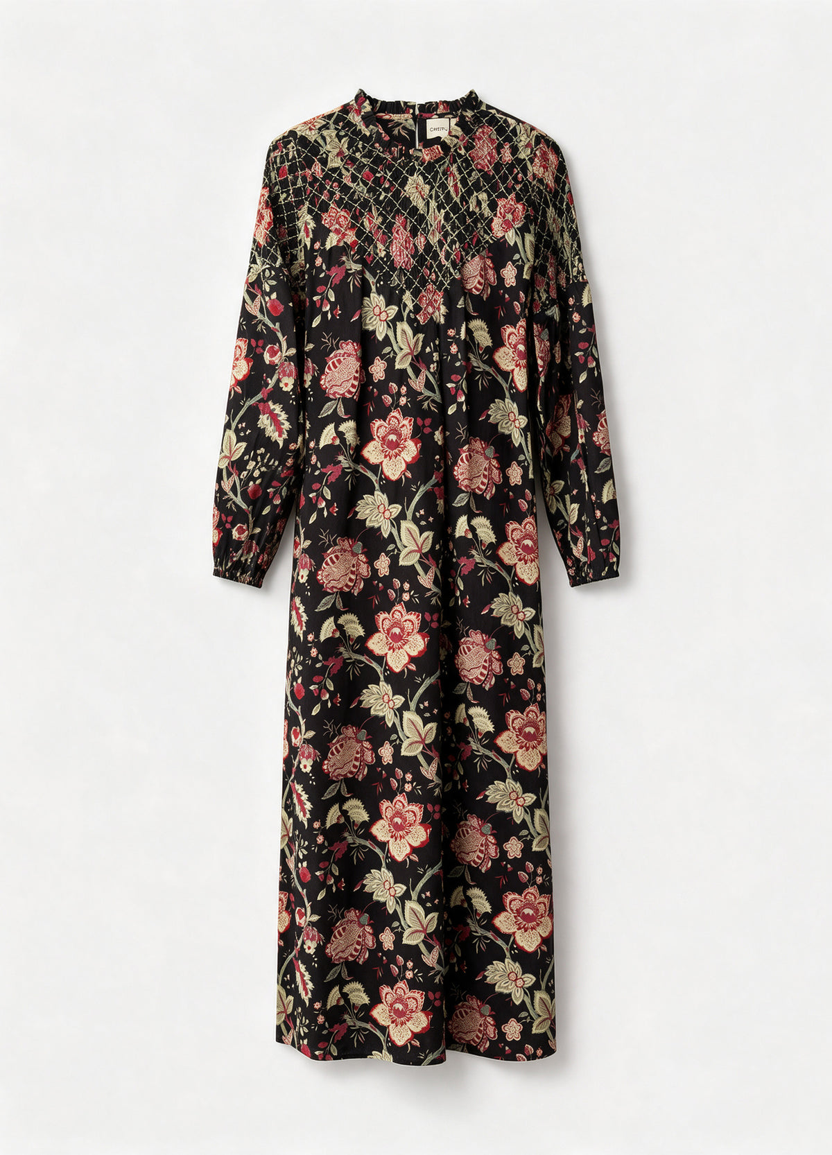 Theodora long cotton dress with floral print on a black background, product photo | Cherubina