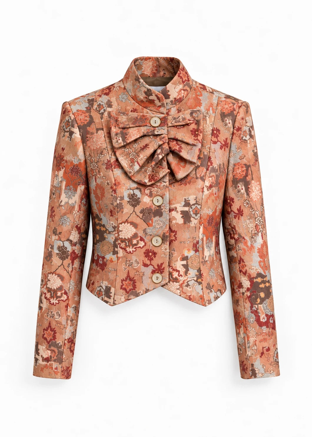 Chaqueta Rosemoor beige de estampado floral, foto de producto con chorrera y bajo en picos | Cherubina