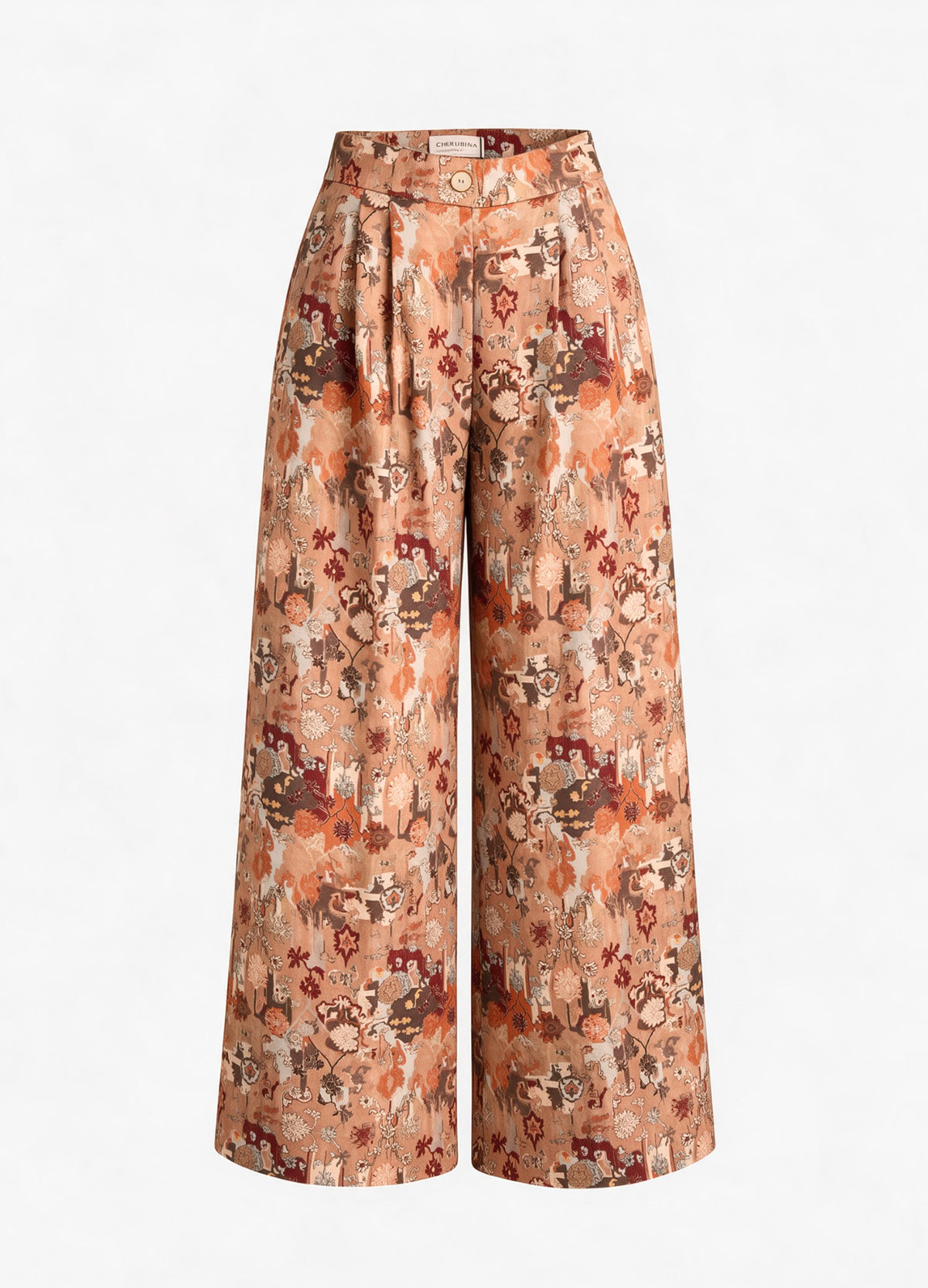 Pantalón palazzo Pembroke beige de estampado floral, foto de producto con pliegues delanteros | Cherubina