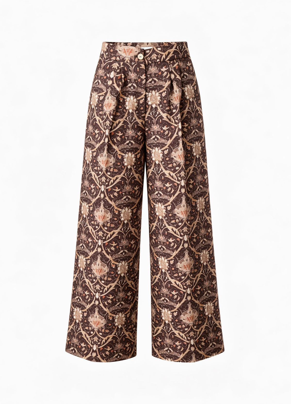 Pantalón palazzo Pembroke topo de estampado floral, foto de producto con pliegues delanteros | Cherubina