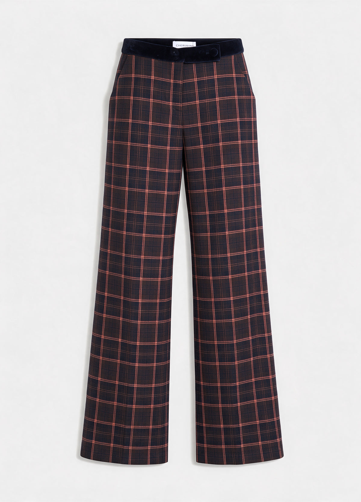 Pantalón Paul de cuadros marino en plano, con cinturilla de terciopelo y pernera recta